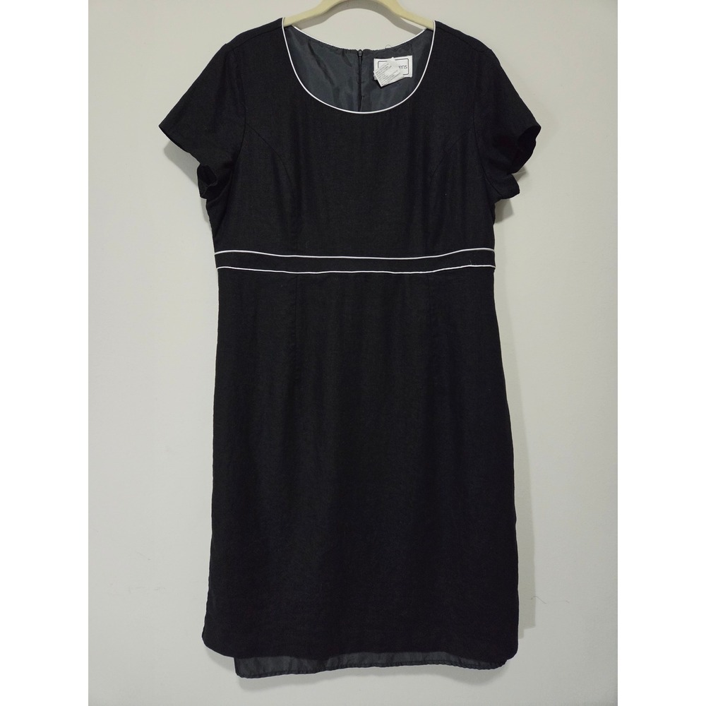 Karin Stevens Black Linen Blend Sheath Dress White Piping Size 18 Professional